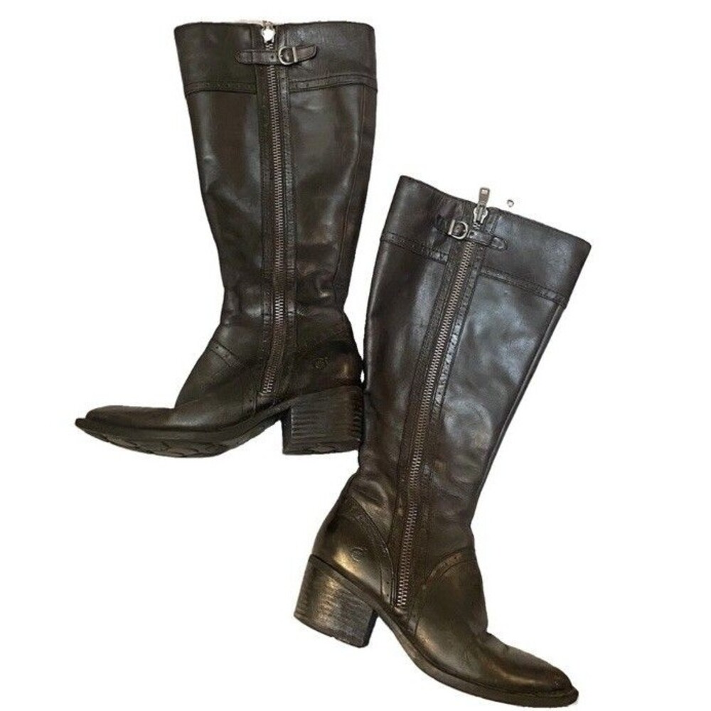 Born Black Leather Knee High Riding Boots Plaid Lined Moto Punk Goth Dark Size 7